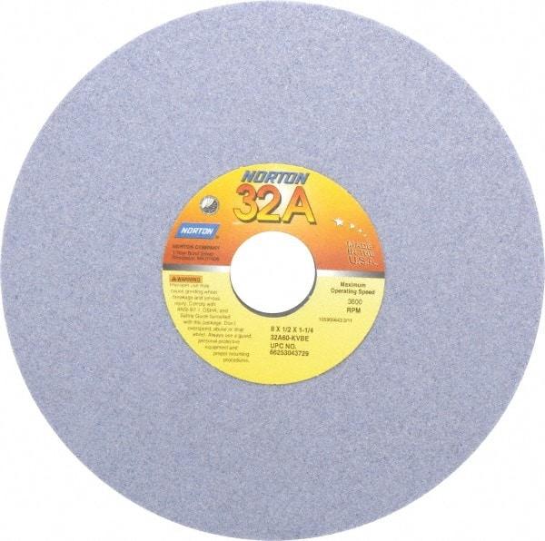 Norton - 8" Diam x 1-1/4" Hole x 1/2" Thick, K Hardness, 60 Grit Surface Grinding Wheel - Aluminum Oxide, Type 1, Medium Grade, 3,600 Max RPM, Vitrified Bond, No Recess - Benchmark Tooling