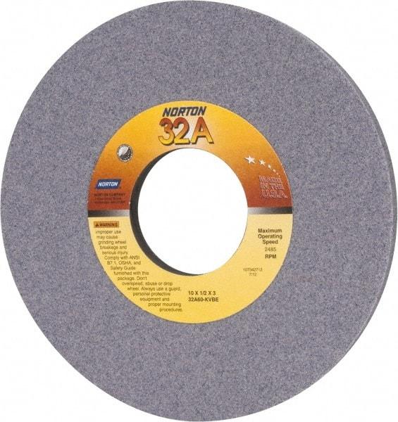 Norton - 10" Diam x 3" Hole x 1/2" Thick, K Hardness, 60 Grit Surface Grinding Wheel - Aluminum Oxide, Type 1, Medium Grade, 2,485 Max RPM, Vitrified Bond, No Recess - Benchmark Tooling