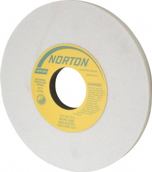 Norton - 12" Diam x 3" Hole x 3/4" Thick, J Hardness, 46 Grit Surface Grinding Wheel - Aluminum Oxide, Type 1, Coarse Grade, 2,070 Max RPM, Vitrified Bond, No Recess - Benchmark Tooling