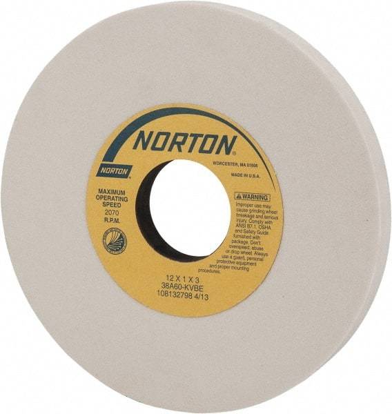 Norton - 12" Diam x 3" Hole x 1" Thick, K Hardness, 60 Grit Surface Grinding Wheel - Aluminum Oxide, Type 1, Medium Grade, 2,070 Max RPM, Vitrified Bond, No Recess - Benchmark Tooling