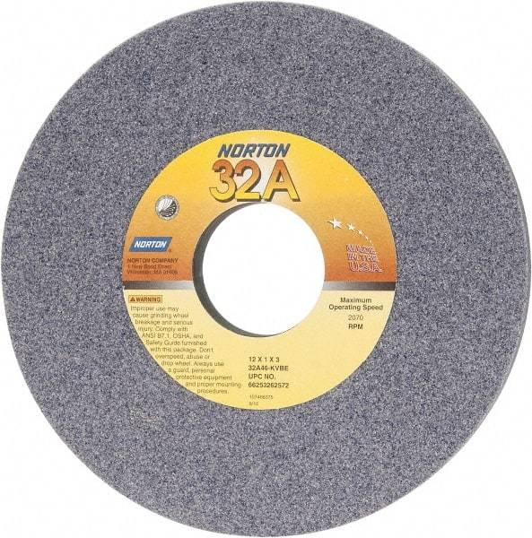 Norton - 12" Diam x 3" Hole x 1" Thick, K Hardness, 46 Grit Surface Grinding Wheel - Aluminum Oxide, Type 1, Coarse Grade, 2,070 Max RPM, Vitrified Bond, No Recess - Benchmark Tooling