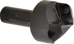 Kyocera - 60° Lead Angle, 1.85" Max Cut Diam, 0.8" Min Cut Diam, 0.308" Max Depth of Cut, Indexable Chamfer and Angle End Mill - 2 Inserts, APET 1604 Insert Style, 3-1/4" Overall Length, Straight Shank, 120° Included Angle - Benchmark Tooling