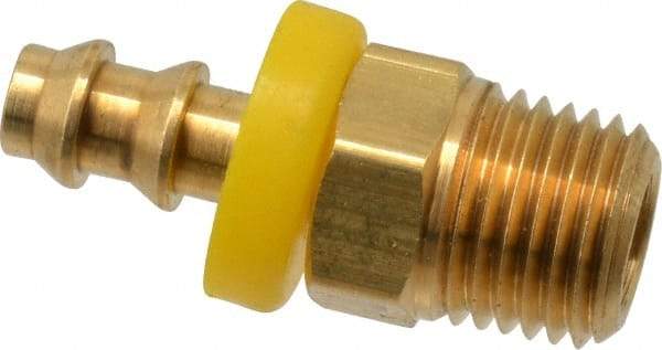 Eaton - 1/4" ID 1/4-18 NPT Barbed Push On Male Connector - 7/8" Cut Off Allowance, 1.52" Long, 9/16" Hex, Brass - Benchmark Tooling