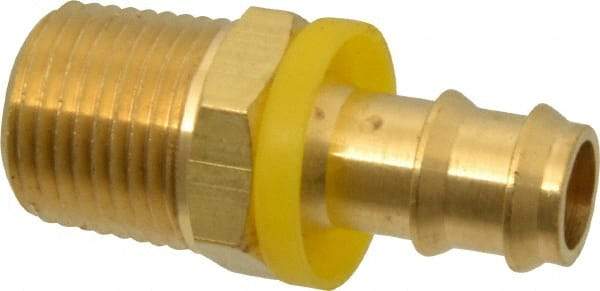 Eaton - 1/2" ID 1/2-14 NPT Barbed Push On Male Connector - 1-3/16" Cut Off Allowance, 2.1" Long, 7/8" Hex, Brass - Benchmark Tooling
