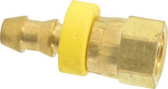 Eaton - 1/4" ID 7/16-20 UNF Barbed Push On Female JIC 37/SAE 45 Swivel Connector - 3/4" Cut Off Allowance, 1.38" Long, 9/16" Hex, Brass - Benchmark Tooling