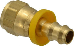 Eaton - 3/8" ID 5/8-18 UNF Barbed Push On Female SAE 45 Swivel Connector - 7/8" Cut Off Allowance, 1.62" Long, 3/4" Hex, Brass - Benchmark Tooling