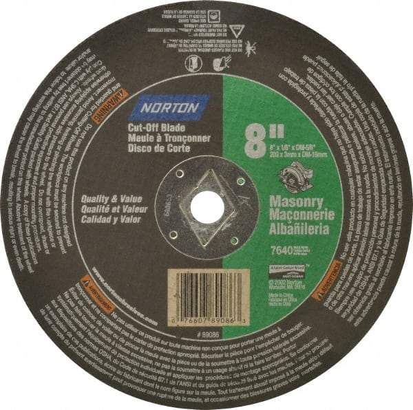 Norton - 8" 24 Grit Silicon Carbide Cutoff Wheel - 1/8" Thick, 5/8" Arbor, 7,640 Max RPM, Use with Circular Saws - Benchmark Tooling