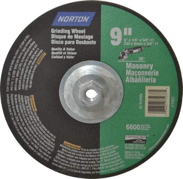 Norton - 24 Grit, 9" Wheel Diam, 1/4" Wheel Thickness, Type 27 Depressed Center Wheel - Silicon Carbide, 6,600 Max RPM, Compatible with Angle Grinder - Benchmark Tooling