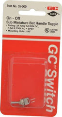 GC/Waldom - SPST Sub Miniature On-Off Toggle Switch - Solder Lug Terminal, Bat Handle Actuator, 125 VAC at 3 A & 250 VAC at 1.50 A - Benchmark Tooling