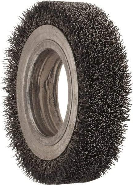 Osborn - 4-1/4" OD, 2" Arbor Hole, Crimped Steel Wheel Brush - 1" Face Width, 3/4" Trim Length, 0.0118" Filament Diam, 6,000 RPM - Benchmark Tooling