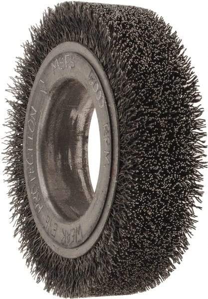 Osborn - 4-1/4" OD, 2" Arbor Hole, Crimped Steel Wheel Brush - 1" Face Width, 3/4" Trim Length, 0.014" Filament Diam, 6,000 RPM - Benchmark Tooling