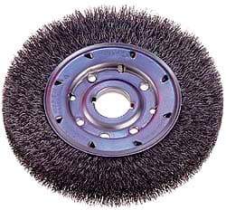 Osborn - 8" OD, 1-1/4" Arbor Hole, Crimped Steel Wheel Brush - 5/8" Face Width, 1-1/2" Trim Length, 0.008" Filament Diam, 4,500 RPM - Benchmark Tooling