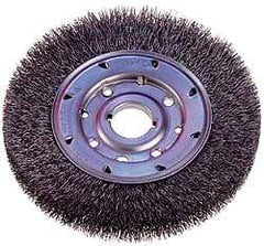 Osborn - 8" OD, 1-1/4" Arbor Hole, Crimped Steel Wheel Brush - 5/8" Face Width, 1-1/2" Trim Length, 0.008" Filament Diam, 4,500 RPM - Benchmark Tooling