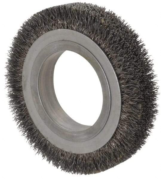 Osborn - 4-1/4" OD, 2" Arbor Hole, Crimped Steel Wheel Brush - 5/8" Face Width, 11/16" Trim Length, 0.0118" Filament Diam, 6,000 RPM - Benchmark Tooling