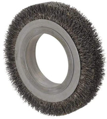 Osborn - 4-1/4" OD, 2" Arbor Hole, Crimped Steel Wheel Brush - 5/8" Face Width, 11/16" Trim Length, 0.0118" Filament Diam, 6,000 RPM - Benchmark Tooling