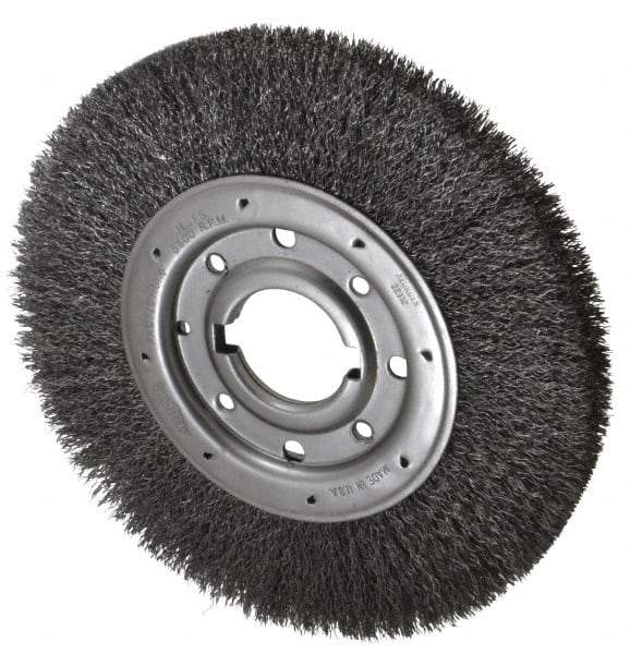 Osborn - 10" OD, 2" Arbor Hole, Crimped Steel Wheel Brush - 1-1/4" Face Width, 2" Trim Length, 0.014" Filament Diam, 3,600 RPM - Benchmark Tooling