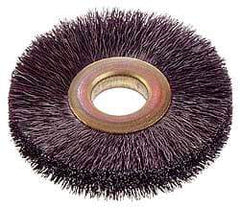 Osborn - 12" OD, 4-1/4" Arbor Hole, Crimped Nylon Wheel Brush - 5/8" Face Width, 3-1/2" Trim Length, 3,000 RPM - Benchmark Tooling