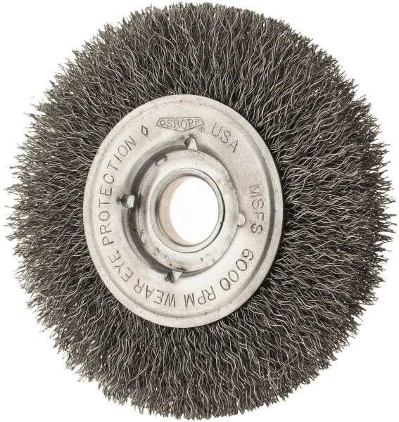 Osborn - 4" OD, 1/2 & 5/8" Arbor Hole, Crimped Steel Wheel Brush - 5/8" Face Width, 13/16" Trim Length, 0.0104" Filament Diam, 6,000 RPM - Benchmark Tooling