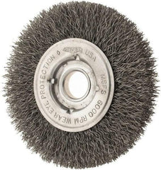 Osborn - 4" OD, 1/2 & 5/8" Arbor Hole, Crimped Steel Wheel Brush - 5/8" Face Width, 13/16" Trim Length, 0.0104" Filament Diam, 6,000 RPM - Benchmark Tooling