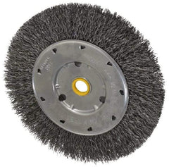 Osborn - 6" OD, 1/2 & 5/8" Arbor Hole, Crimped Steel Wheel Brush - 5/8" Face Width, 1-1/8" Trim Length, 0.014" Filament Diam, 6,000 RPM - Benchmark Tooling