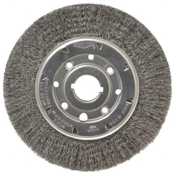 Osborn - 8" OD, 1-1/4" Arbor Hole, Crimped Steel Wheel Brush - 5/8" Face Width, 1-1/2" Trim Length, 0.0104" Filament Diam, 4,500 RPM - Benchmark Tooling