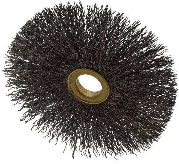 Osborn - 4" OD, 5/8" Arbor Hole, Crimped Steel Wheel Brush - 3/16" Face Width, 1-1/2" Trim Length, 0.014" Filament Diam, 15,000 RPM - Benchmark Tooling