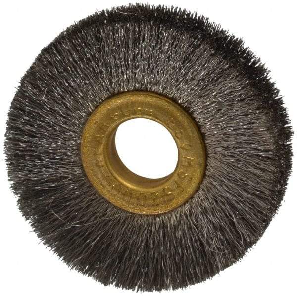 Osborn - 2" OD, 1/2" Arbor Hole, Crimped Stainless Steel Wheel Brush - 1/4" Face Width, 1/2" Trim Length, 0.005" Filament Diam, 20,000 RPM - Benchmark Tooling