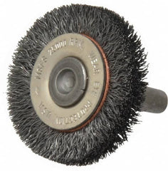 Osborn - 1-1/2" OD, 1/4" Shank Diam, Crimped Steel Wheel Brush - 3/8" Face Width, 9/32" Trim Length, 0.008" Filament Diam, 25,000 RPM - Benchmark Tooling