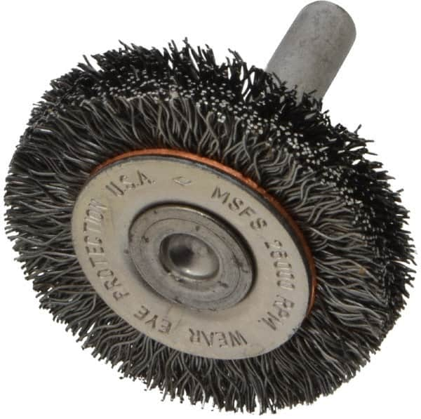 Osborn - 1-1/2" OD, 1/4" Shank Diam, Crimped Steel Wheel Brush - 3/8" Face Width, 9/32" Trim Length, 0.0118" Filament Diam, 25,000 RPM - Benchmark Tooling