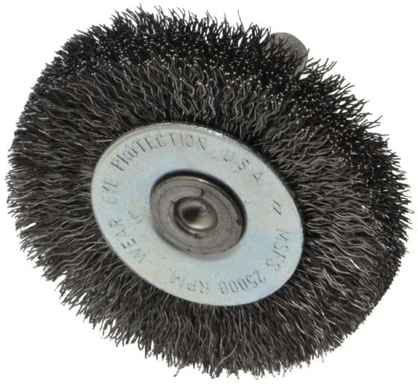 Osborn - 2" OD, 1/4" Shank Diam, Crimped Steel Wheel Brush - 3/8" Face Width, 7/16" Trim Length, 0.008" Filament Diam, 25,000 RPM - Benchmark Tooling