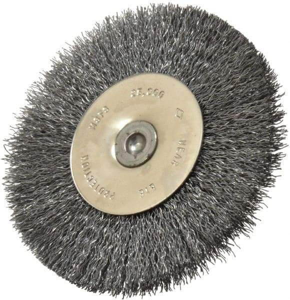 Osborn - 3" OD, 1/4" Shank Diam, Crimped Steel Wheel Brush - 7/16" Face Width, 3/4" Trim Length, 0.008" Filament Diam, 25,000 RPM - Benchmark Tooling