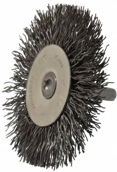 Osborn - 3" OD, 1/4" Shank Diam, Crimped Steel Wheel Brush - 7/16" Face Width, 3/4" Trim Length, 0.02" Filament Diam, 25,000 RPM - Benchmark Tooling