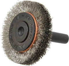 Osborn - 1-1/2" OD, 1/4" Shank Diam, Crimped Stainless Steel Wheel Brush - 3/8" Face Width, 9/32" Trim Length, 0.006" Filament Diam, 25,000 RPM - Benchmark Tooling