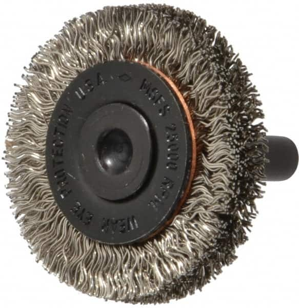 Osborn - 1-1/2" OD, 1/4" Shank Diam, Crimped Stainless Steel Wheel Brush - 3/8" Face Width, 9/32" Trim Length, 0.012" Filament Diam, 25,000 RPM - Benchmark Tooling