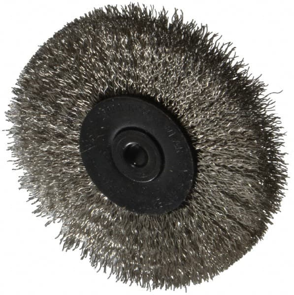 Osborn - 2-1/2" OD, 1/4" Shank Diam, Crimped Stainless Steel Wheel Brush - 7/16" Face Width, 11/16" Trim Length, 0.008" Filament Diam, 25,000 RPM - Benchmark Tooling