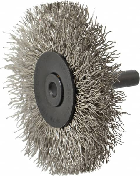 Osborn - 2-1/2" OD, 1/4" Shank Diam, Crimped Stainless Steel Wheel Brush - 7/16" Face Width, 11/16" Trim Length, 0.014" Filament Diam, 25,000 RPM - Benchmark Tooling