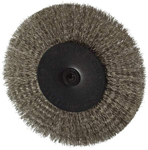 Osborn - 4" OD, 1/4" Shank Diam, Crimped Stainless Steel Wheel Brush - 1/2" Face Width, 1" Trim Length, 0.008" Filament Diam, 15,000 RPM - Benchmark Tooling