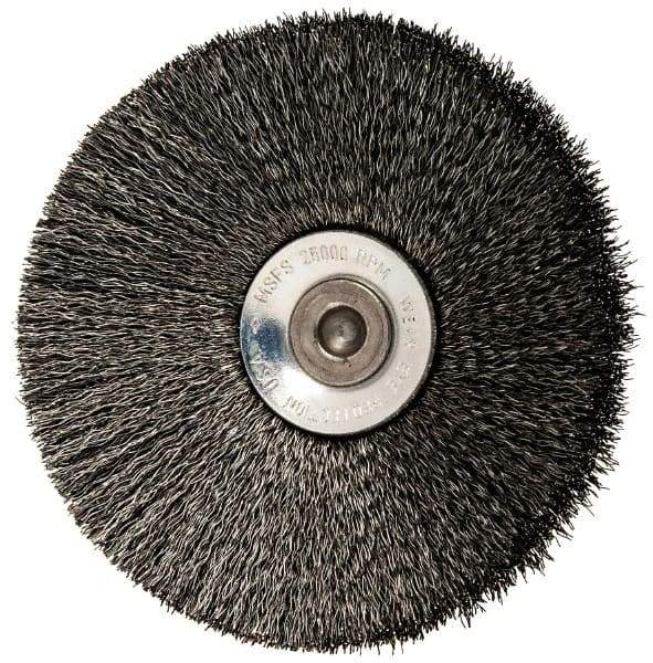 Osborn - 3" OD, 1/4" Shank Diam, Crimped Steel Wheel Brush - 7/16" Face Width, 15/16" Trim Length, 0.006" Filament Diam, 20,000 RPM - Benchmark Tooling