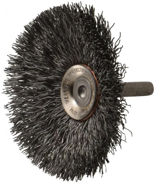 Osborn - 3" OD, 1/4" Shank Diam, Crimped Steel Wheel Brush - 7/16" Face Width, 15/16" Trim Length, 0.014" Filament Diam, 20,000 RPM - Benchmark Tooling