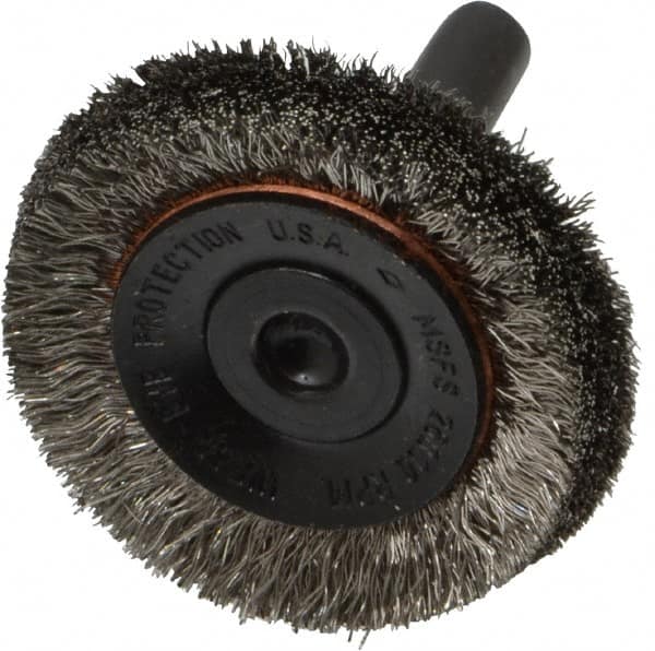 Osborn - 1-1/2" OD, 1/4" Shank Diam, Crimped Stainless Steel Wheel Brush - 3/8" Face Width, 3/8" Trim Length, 0.006" Filament Diam, 20,000 RPM - Benchmark Tooling