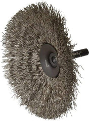 Osborn - 4" OD, 1/4" Shank Diam, Crimped Stainless Steel Wheel Brush - 1/2" Face Width, 1-7/16" Trim Length, 0.014" Filament Diam, 15,000 RPM - Benchmark Tooling