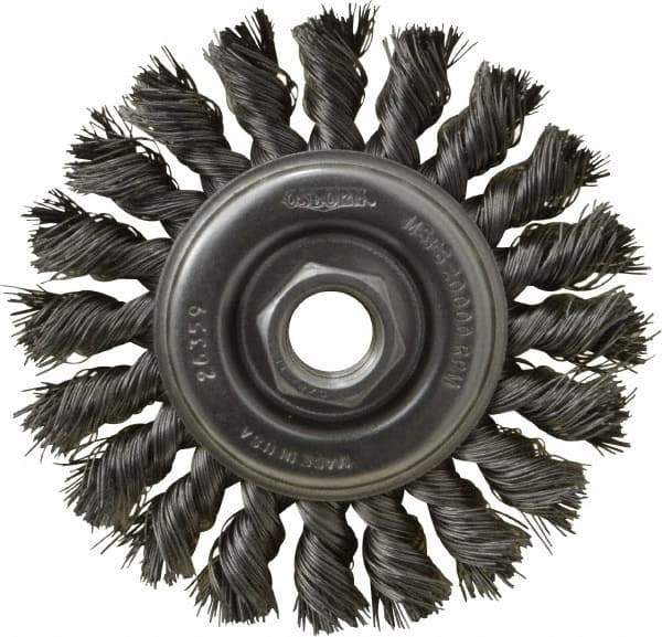 Osborn - 4" OD, 5/8-11 Arbor Hole, Knotted Steel Wheel Brush - 3/8" Face Width, 7/8" Trim Length, 0.014" Filament Diam, 20,000 RPM - Benchmark Tooling