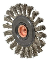 Osborn - 4" OD, 3/8-24 Arbor Hole, Knotted Stainless Steel Wheel Brush - 3/8" Face Width, 7/8" Trim Length, 0.014" Filament Diam, 20,000 RPM - Benchmark Tooling