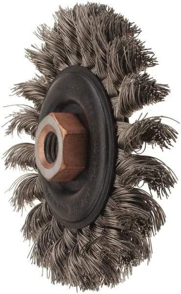 Osborn - 4" OD, 1/2-13 Arbor Hole, Knotted Stainless Steel Wheel Brush - 3/8" Face Width, 7/8" Trim Length, 0.014" Filament Diam, 20,000 RPM - Benchmark Tooling