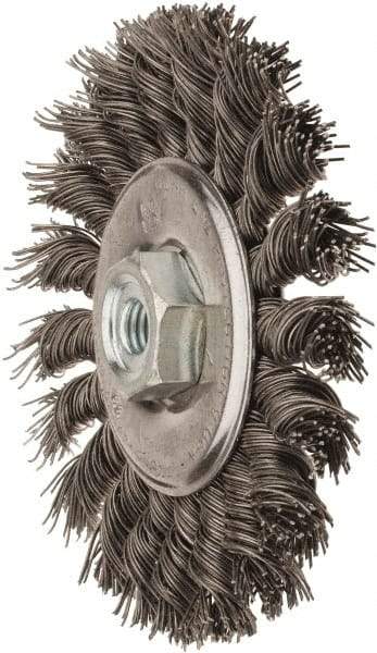 Osborn - 4" OD, M10x1.50 Arbor Hole, Knotted Stainless Steel Wheel Brush - 3/8" Face Width, 7/8" Trim Length, 0.02" Filament Diam, 20,000 RPM - Benchmark Tooling