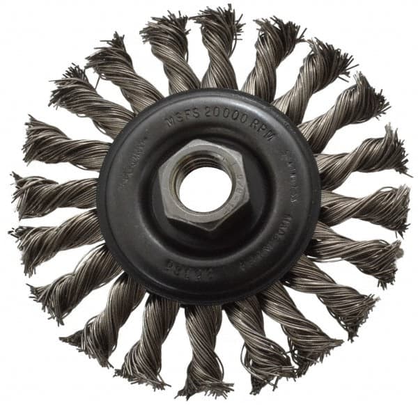 Osborn - 4" OD, 5/8-11 Arbor Hole, Knotted Stainless Steel Wheel Brush - 3/8" Face Width, 7/8" Trim Length, 0.02" Filament Diam, 20,000 RPM - Benchmark Tooling