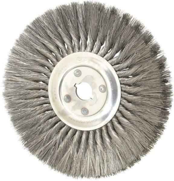 Osborn - 12" OD, 1-1/4" Arbor Hole, Knotted Steel Wheel Brush - 5/8" Face Width, 3-1/4" Trim Length, 0.014" Filament Diam, 4,500 RPM - Benchmark Tooling