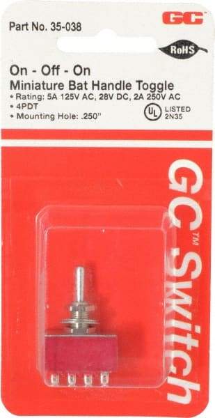 GC/Waldom - 4PDT Miniature On-Off-On Toggle Switch - Solder Lug Terminal, Bat Handle Actuator, 125 VAC at 5 A & 250 VAC at 2 A - Benchmark Tooling