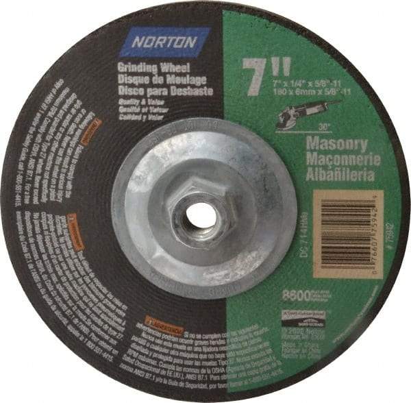 Norton - 7" Wheel Diam, 1/4" Wheel Thickness, Type 27 Depressed Center Wheel - Aluminum Oxide, 8,600 Max RPM, Compatible with Angle Grinder - Benchmark Tooling