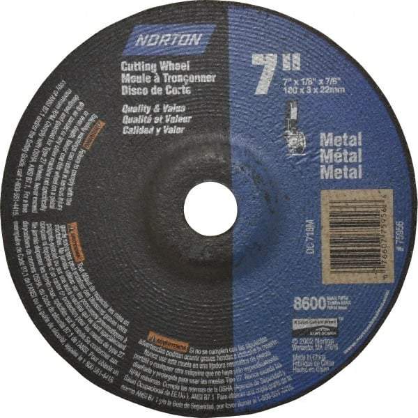 Norton - 60 Grit, 7" Wheel Diam, 1/8" Wheel Thickness, 7/8" Arbor Hole, Type 27 Depressed Center Wheel - Aluminum Oxide, 8,600 Max RPM, Compatible with Angle Grinder - Benchmark Tooling